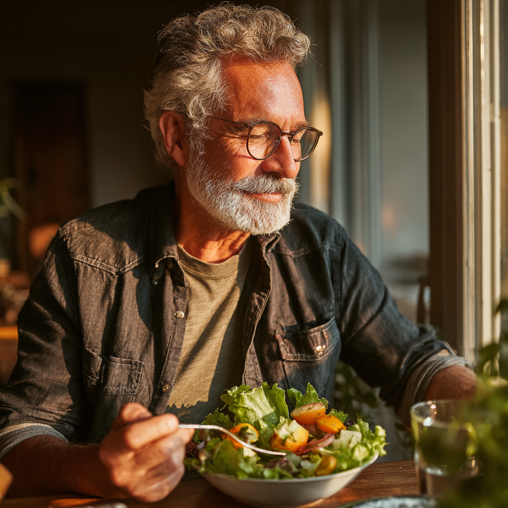 Happy mature man in his 50s enjoying healthy salad at home, sitting at dining table with natural lighting