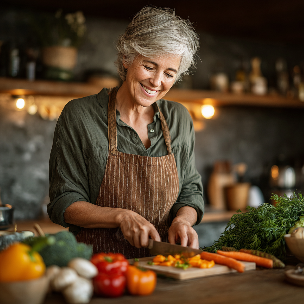 Mature woman in her 40s preparing healthy meal in modern kitchen, smiling while chopping vegetables
