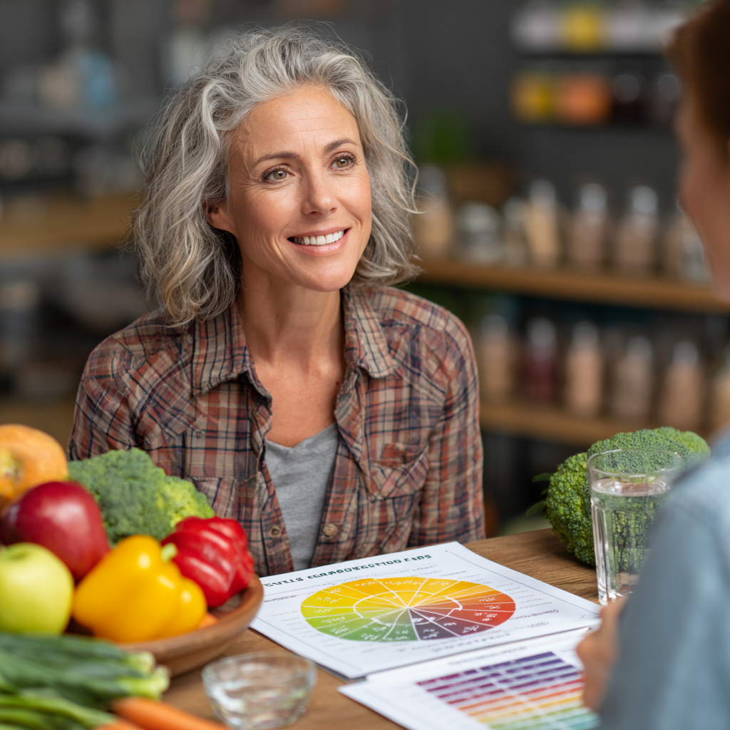 Professional nutritionist woman in her 40s consulting with client, sitting at desk with healthy food samples and nutrition charts